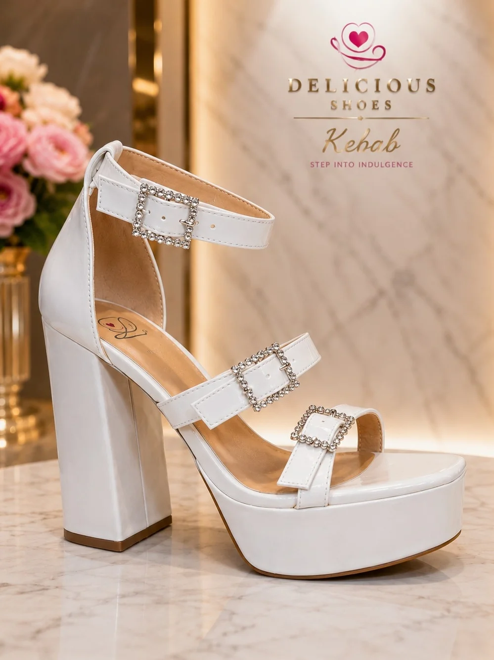 Delicious Shoes “Kebab” White Patent Rhinestone Platform Heels – NIB